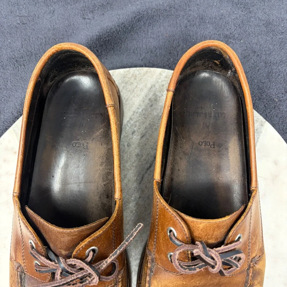 Polo Ralph Lauren Mens Brown Leather Boat Shoes Lug Sole Sz 10.5 Preppy Coastal